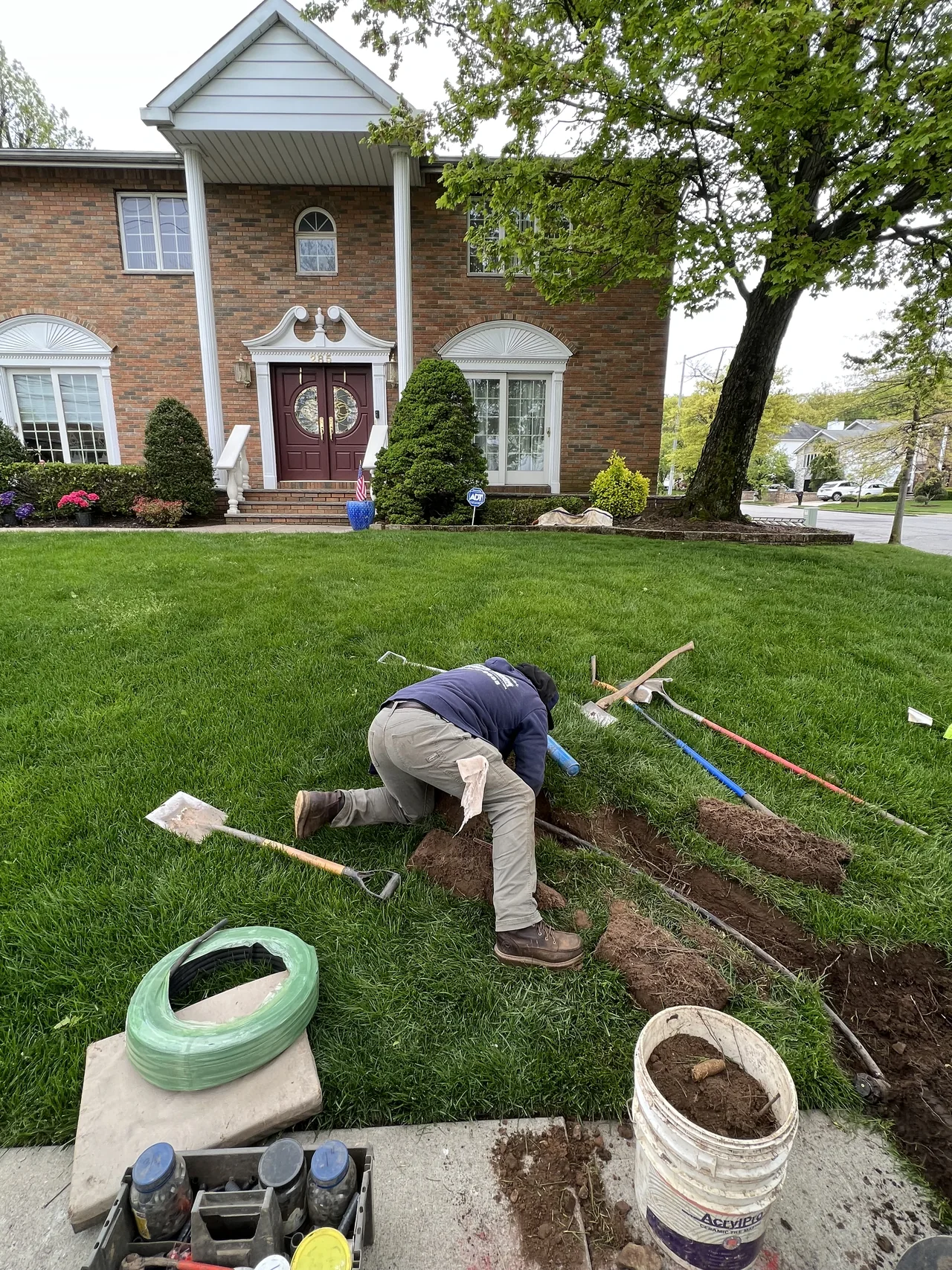 Finished Staten Island lawn with sprinkler heads near a front walk