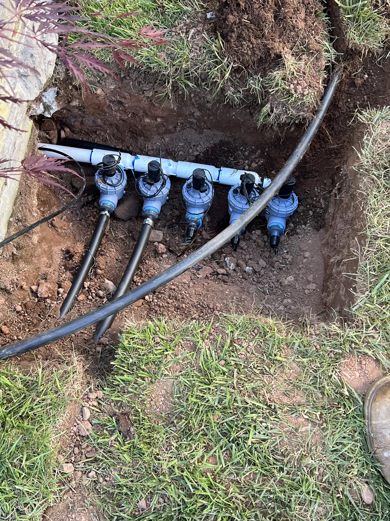 Sprinkler valves and pipe fittings exposed in a lawn trench
