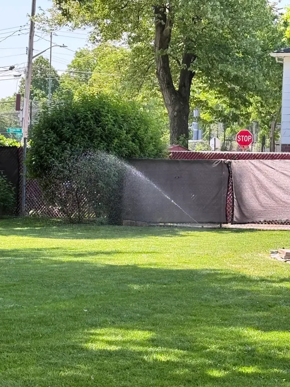 Sprinkler spray covering a Staten Island lawn near a fence